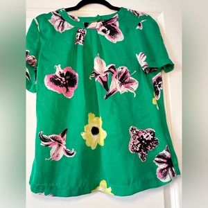 J Crew Green Silk Floral Top with Back Cut Out